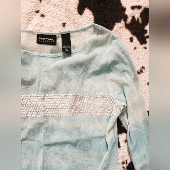 "NEW YORK AND COMPANY" WOMEN'S Y2K SHEER BLOUSE - AQUAMARINE BLUE - Picture 3 of 4